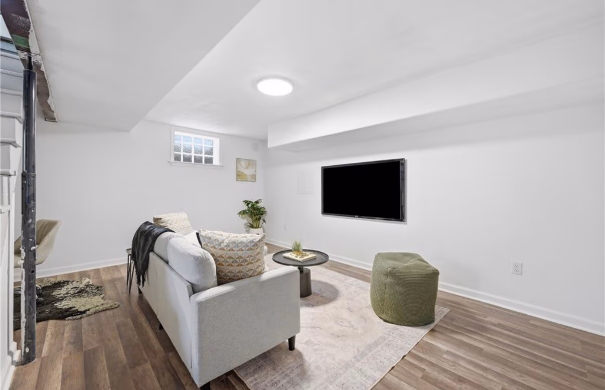 Finished basement living area, third angle