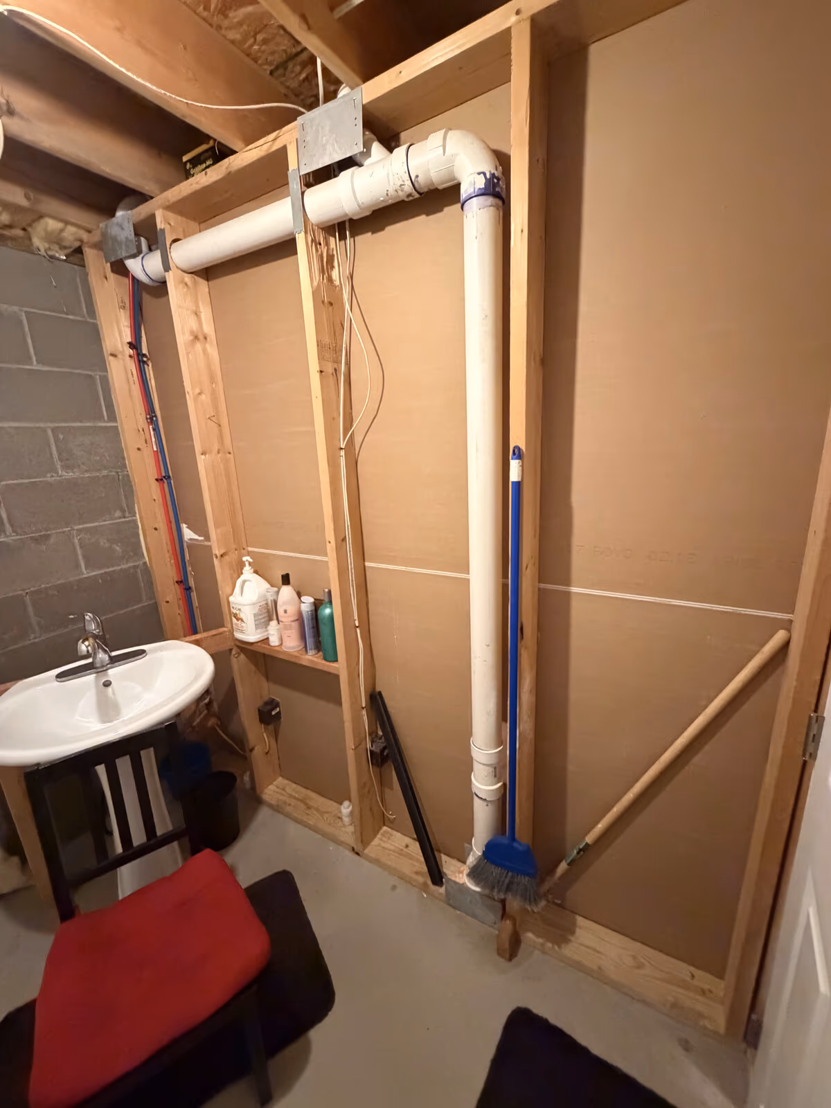 Unfinished basement bathroom before renovation