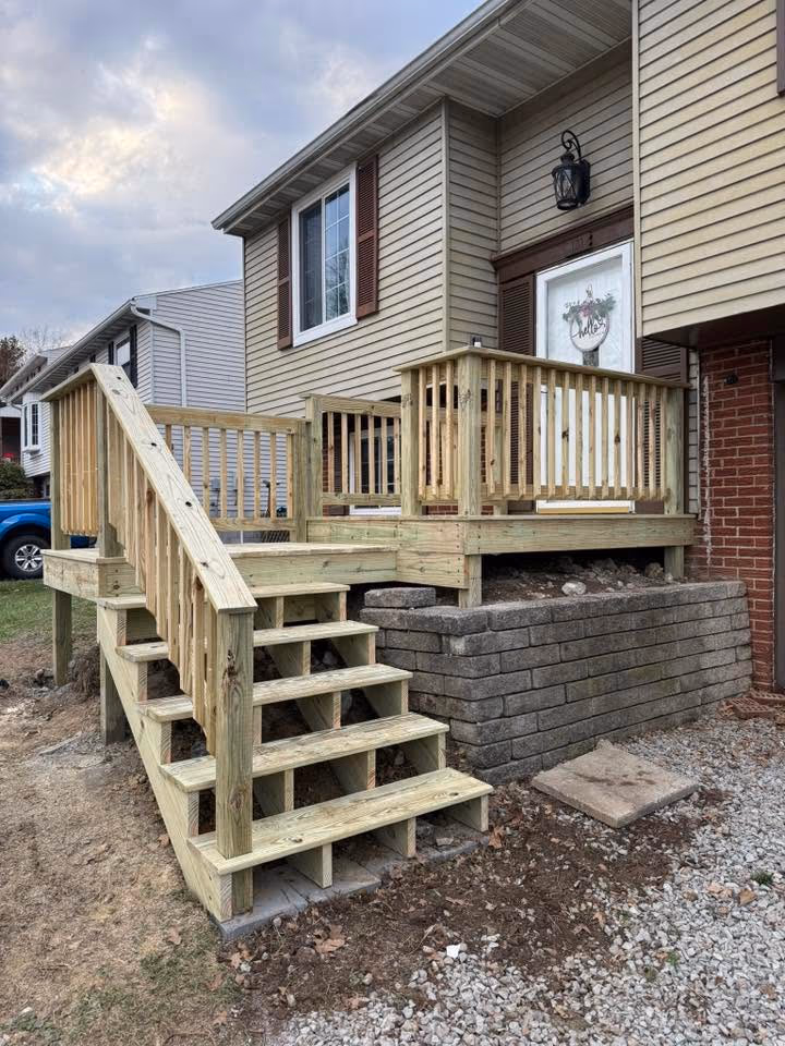 New wood entry landing, railing, and stairs