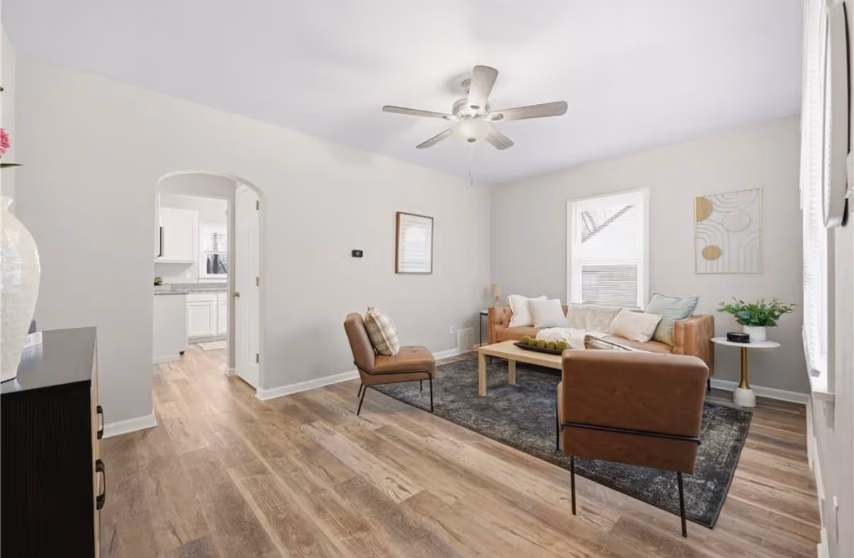Finished living room with fresh paint and new flooring